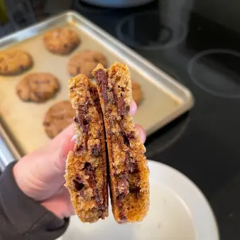 A close-up of chocolate chunk cookie center.